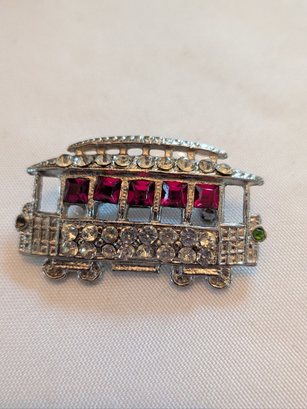 Vintage-Style Rhinestone Trolley Brooch with Hot Pink Accents